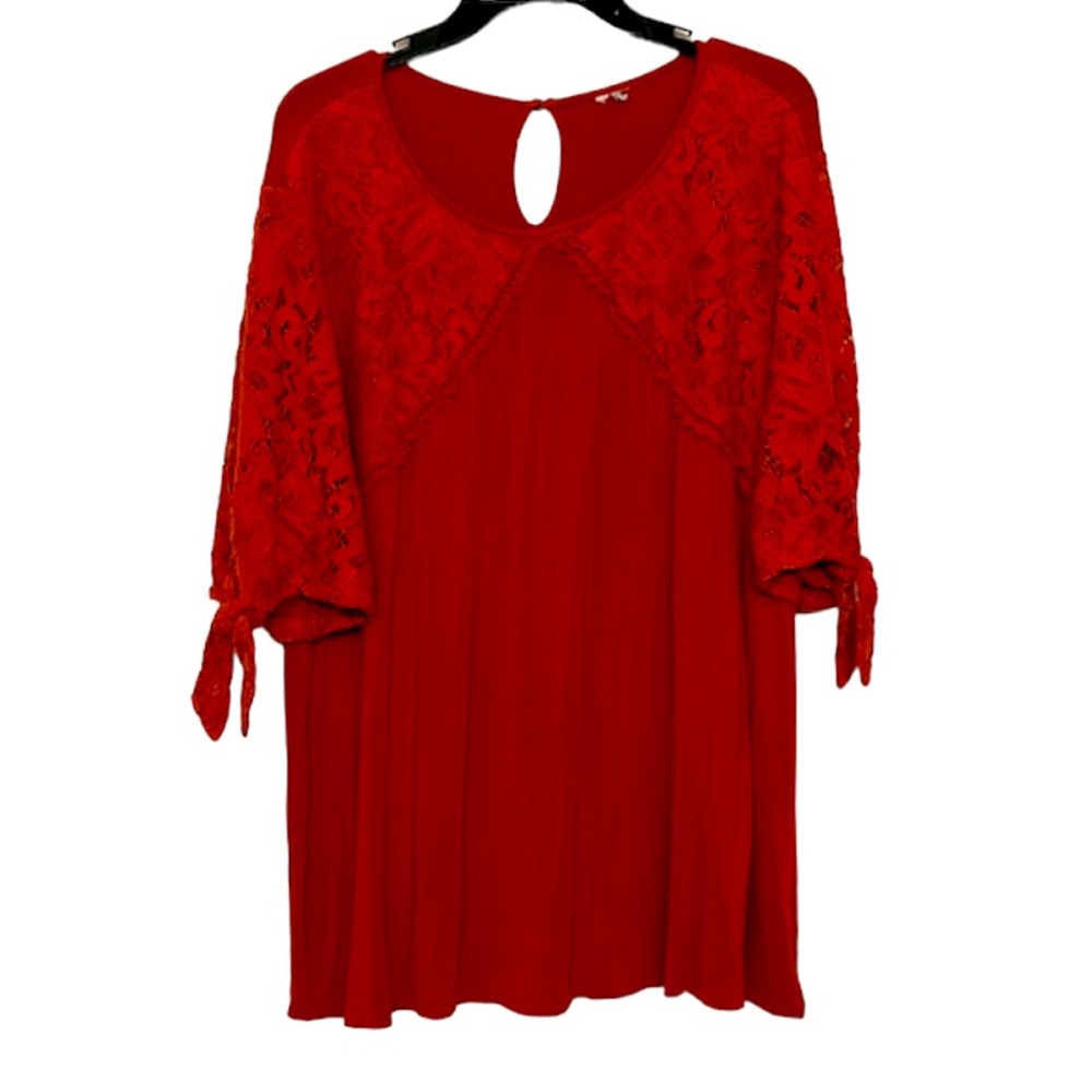 🌞 Cato red brown lace scoop neck tie sleeves keyhole back tunic top women 2X